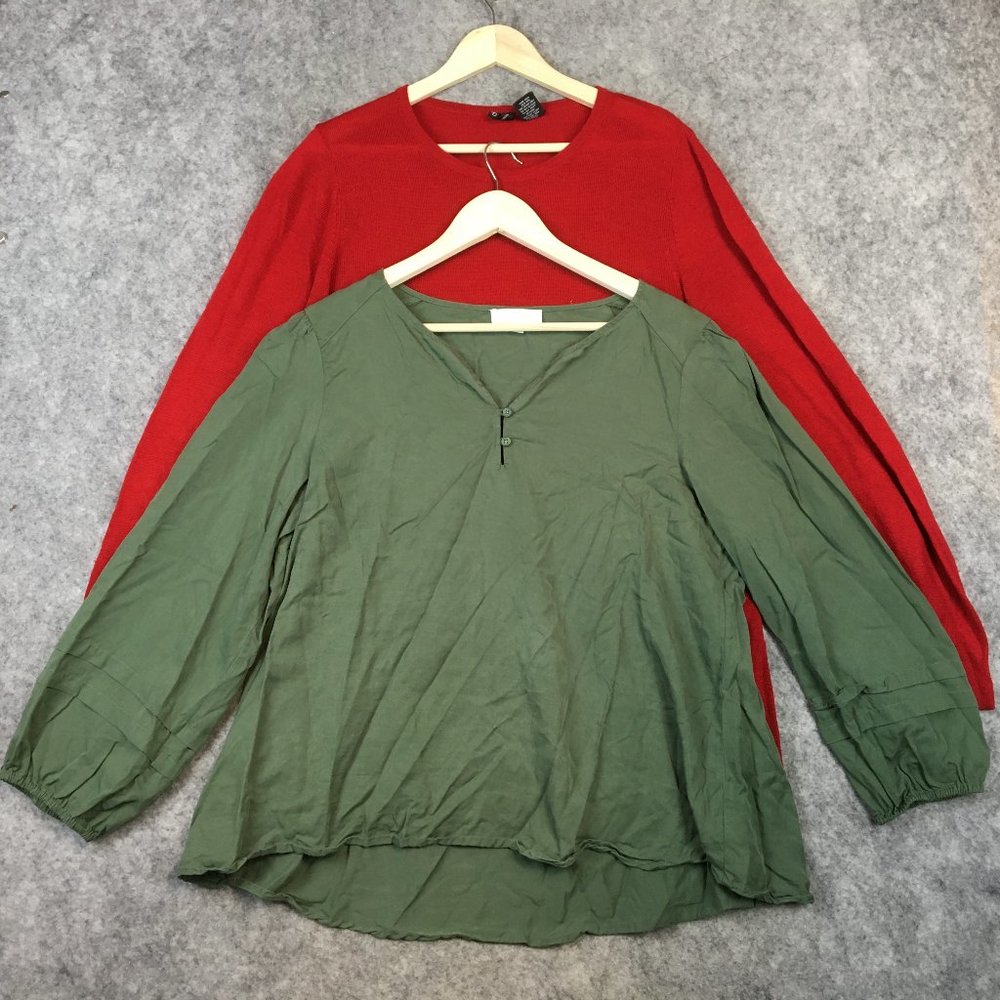 New Directions Top Lot of 2 XL Bundle Career Casual Red Green Boho Peasant Women